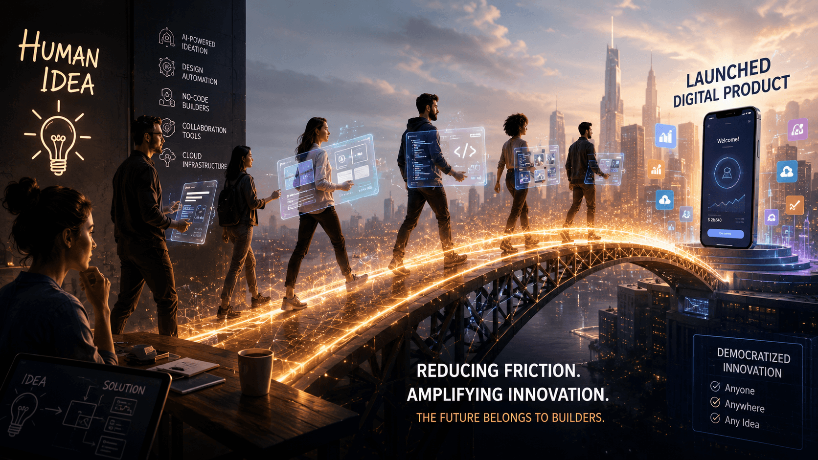 People crossing a glowing bridge of light from a scribbled 'Human Idea' to a launched digital product on a phone, above a futuristic city skyline.