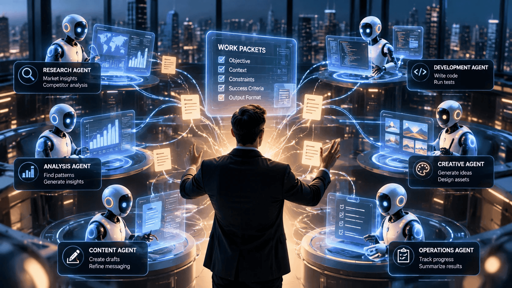 A leader standing at the center of a futuristic control room, directing glowing work packets — objective, context, constraints, success criteria, output format — to surrounding robot agents labeled Research, Analysis, Content, Development, Creative, and Operations.