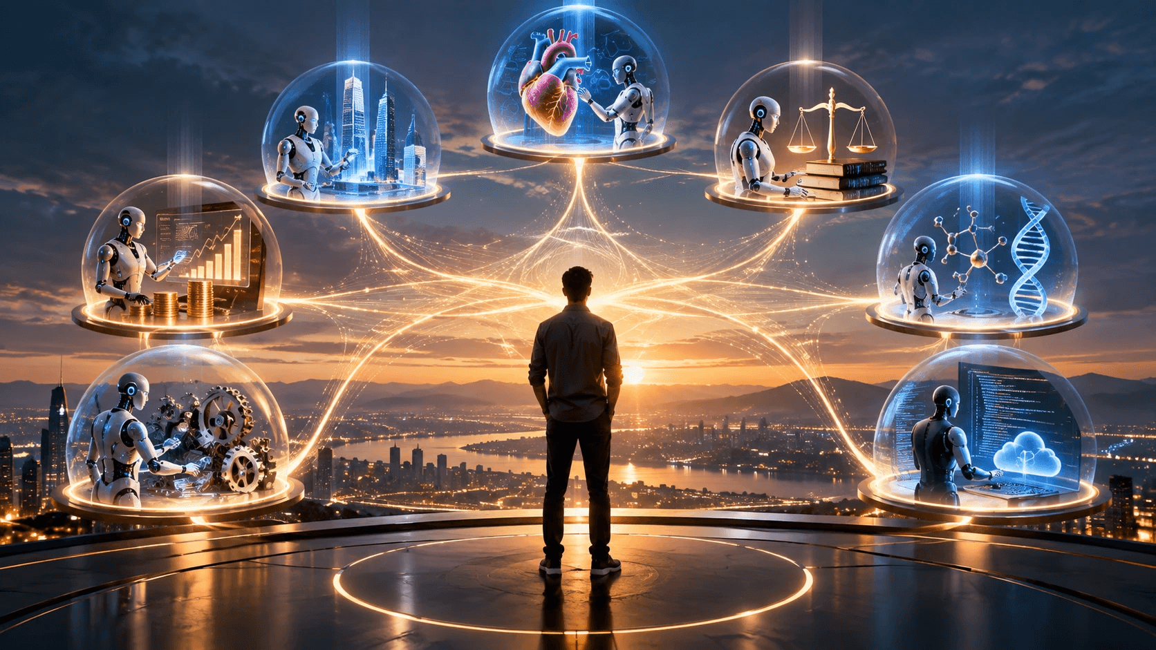 A person standing on a rooftop at sunset, connected by glowing golden threads to glass domes around them, each holding a robot specialist working on a different field — finance, architecture, medicine, law, genetics, engineering, and cloud software.