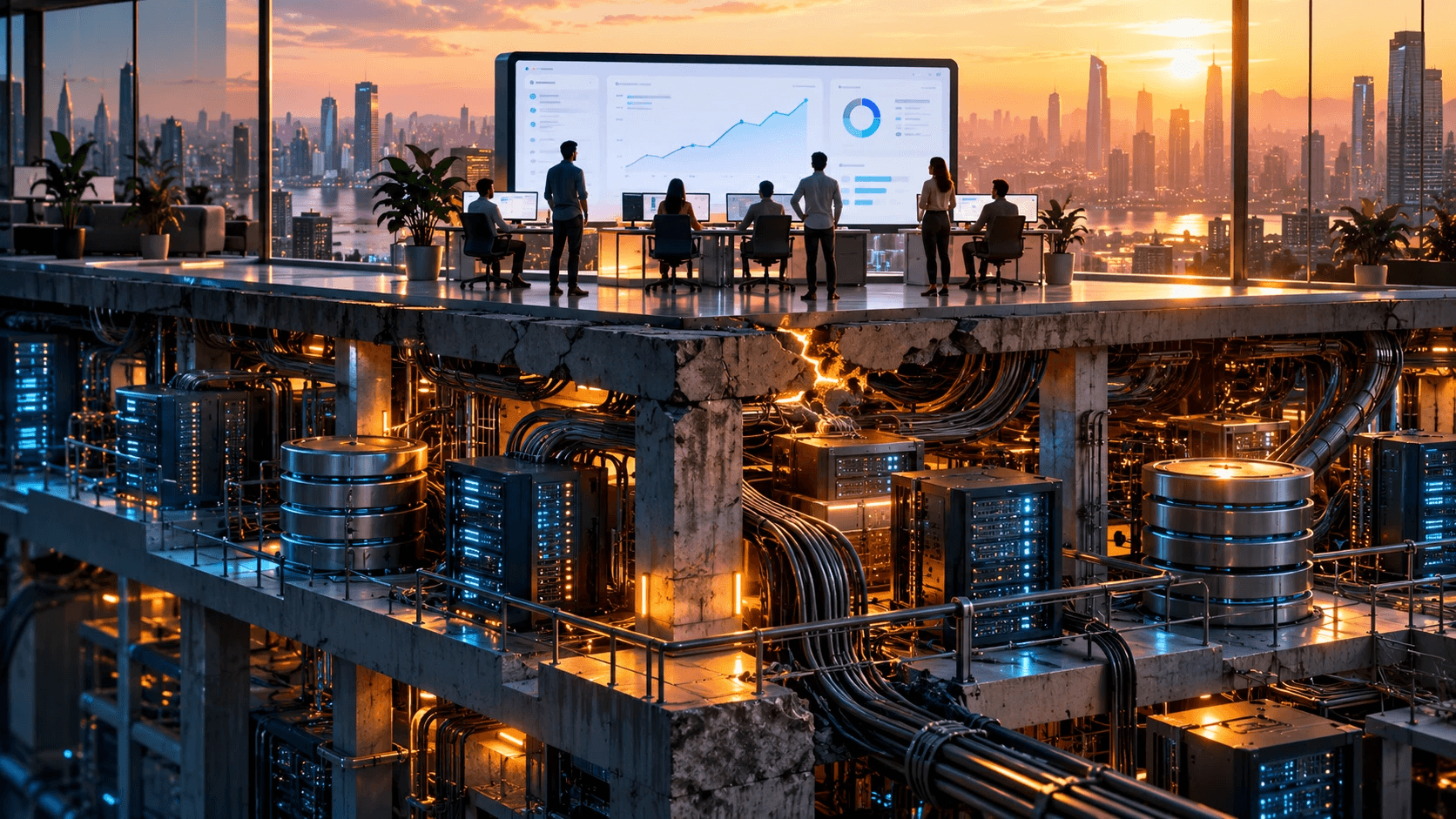 A cutaway of an office building at sunset: a team celebrates a rising growth chart on a big screen upstairs, while the cracked concrete floor beneath them reveals a sprawling, overloaded tangle of servers, databases, and cables.