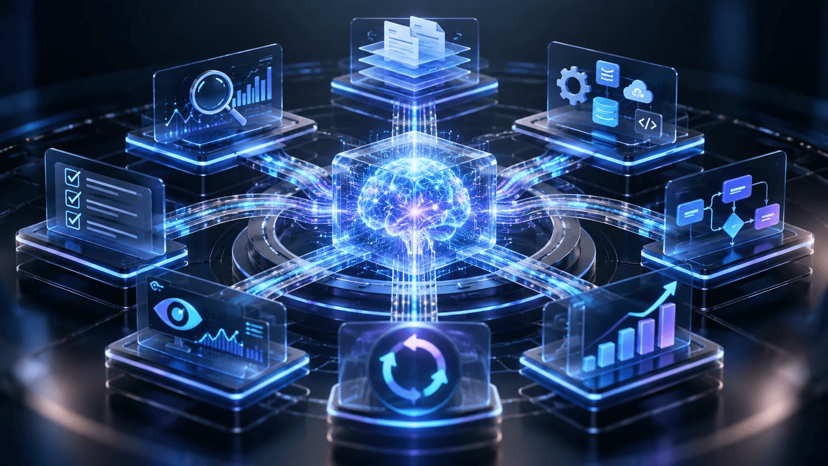 A glowing AI brain inside a glass cube at the center of a circular platform, connected by light pathways to surrounding panels for retrieval, documents, tools and infrastructure, workflow orchestration, evaluation checklists, observability, feedback loops, and performance metrics.