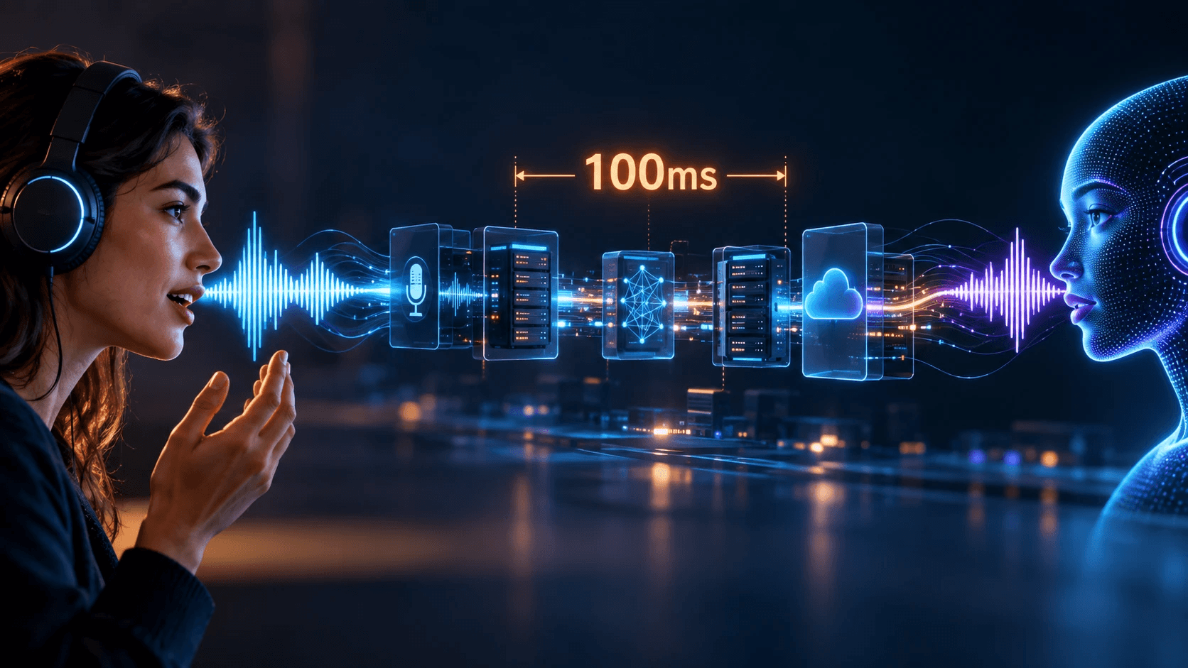 A woman wearing headphones speaking toward a glowing digital AI face, her voice waveform flowing through a pipeline of microphone, server, neural network, and cloud panels, with a highlighted 100ms span marked above the chain.