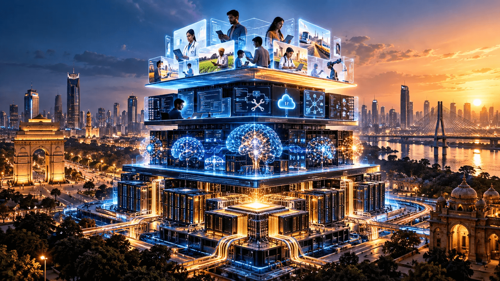 A layered glowing tower rising over an Indian city skyline at dusk, with India Gate and a cable-stayed bridge nearby: compute and chip infrastructure at the base, AI model brains above it, developer tooling and cloud layers next, and people using AI in healthcare, farming, education, and transport at the top.