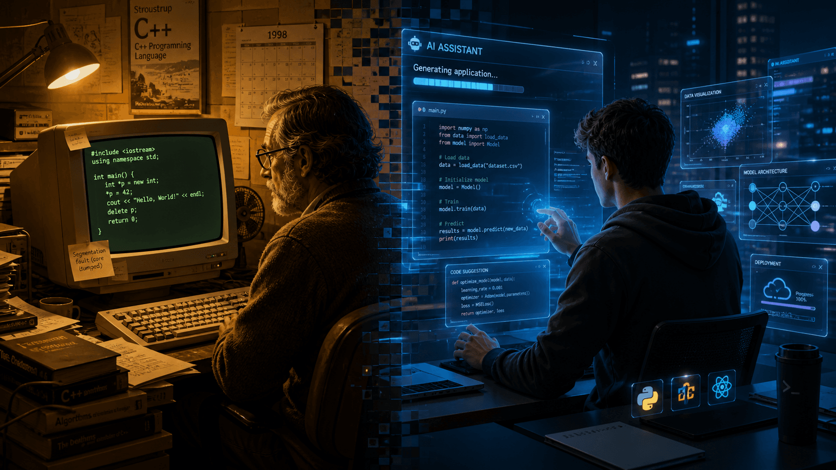 A veteran engineer at a 1990s CRT running C++ beside a young developer using a holographic AI assistant that generates a Python application — two eras of programming side by side.