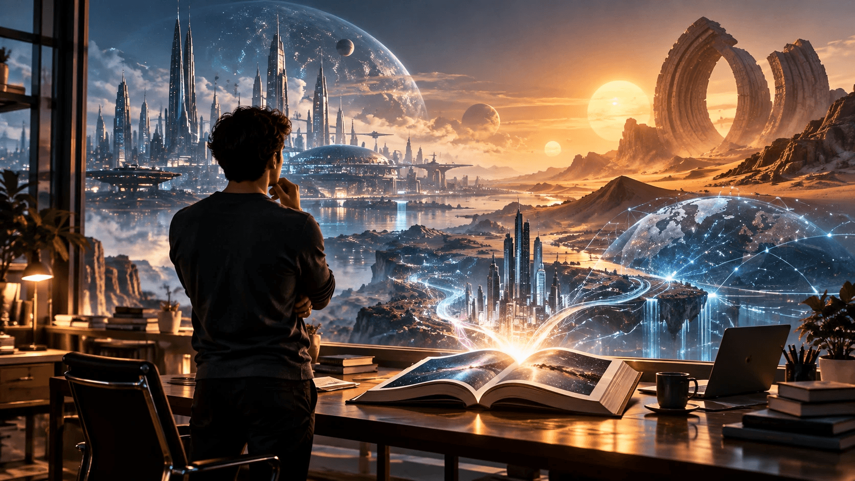 A person standing at a desk before a vast window, gazing at an imagined future of spired cities, floating islands, desert ruins, and multiple suns, as glowing light rises from an open book on the desk to form a network of futuristic landscapes.