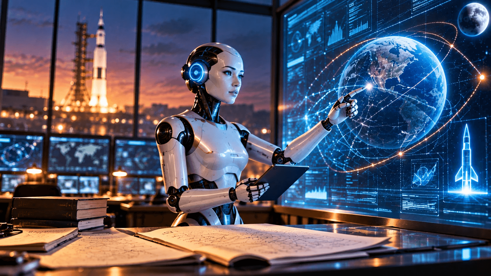 A humanoid robot holding a tablet in a dusk-lit mission control room, pointing at a holographic Earth traced with orbital paths and rocket schematics, with a launch tower and rocket visible through the window and handwritten calculations spread across the desk.