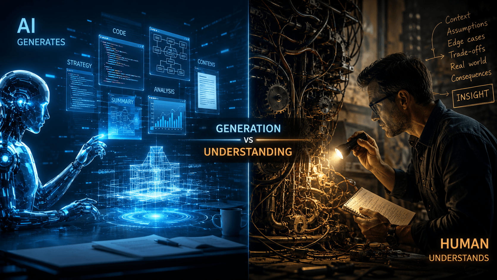 A split scene labeled 'Generation vs Understanding' — on the left an AI robot conjures code, strategy, and analysis holographically; on the right a human with a flashlight and notebook inspects a tangle of machinery, tracing context, assumptions, and edge cases toward insight.