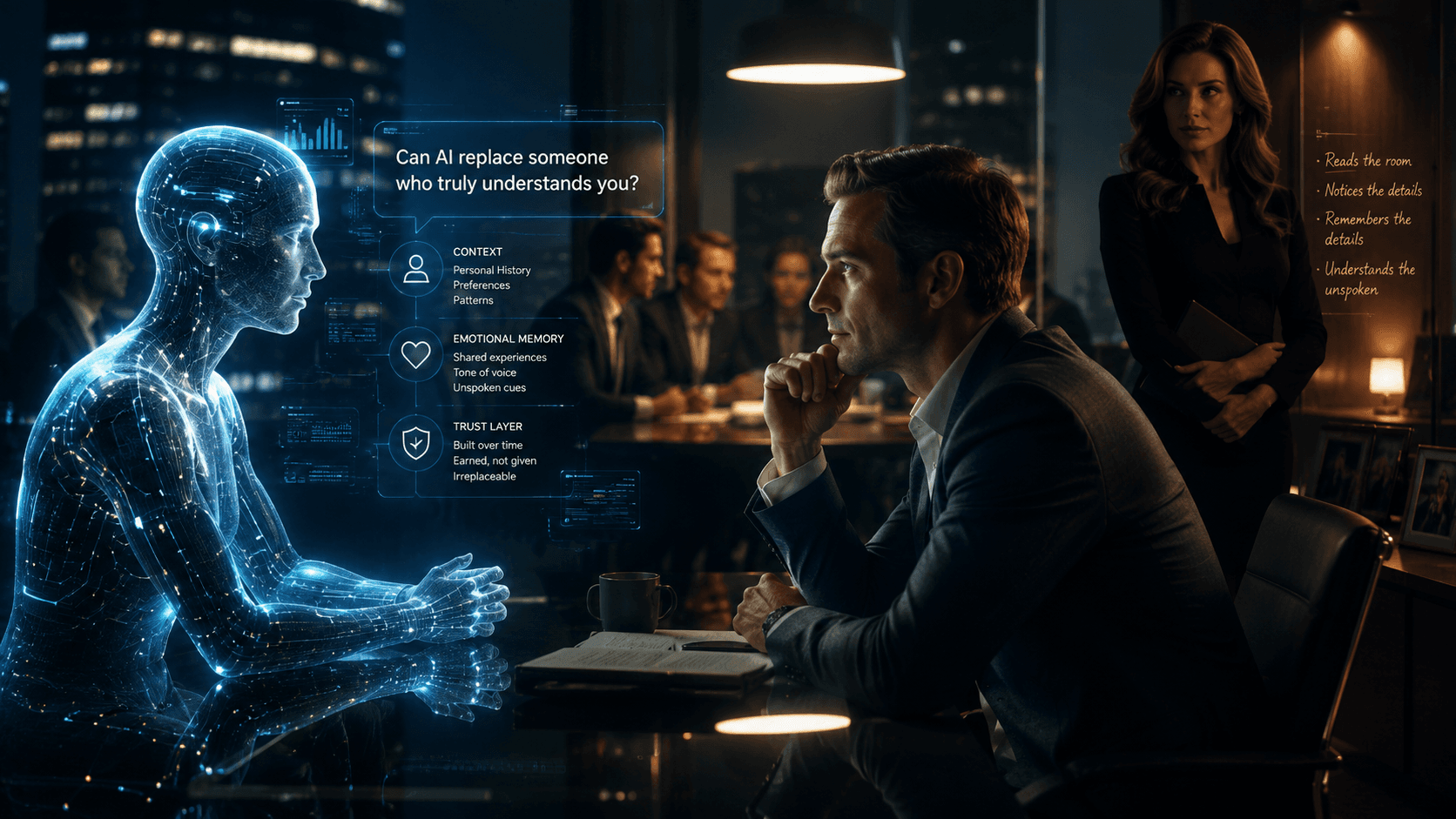 A man sits across from a glowing holographic AI figure asking “Can AI replace someone who truly understands you?”, with floating panels for Context, Emotional Memory, and a Trust Layer, while a perceptive colleague who reads the room stands nearby.