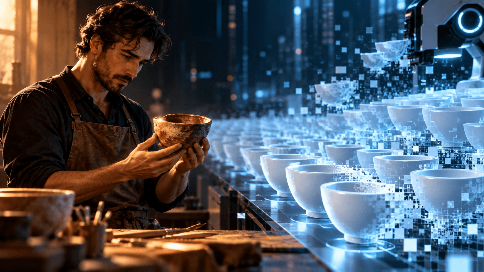A craftsman in a warmly lit workshop studying a rough handmade bowl, beside an endless row of identical glowing white bowls being produced by a robotic arm and dissolving into digital pixels.