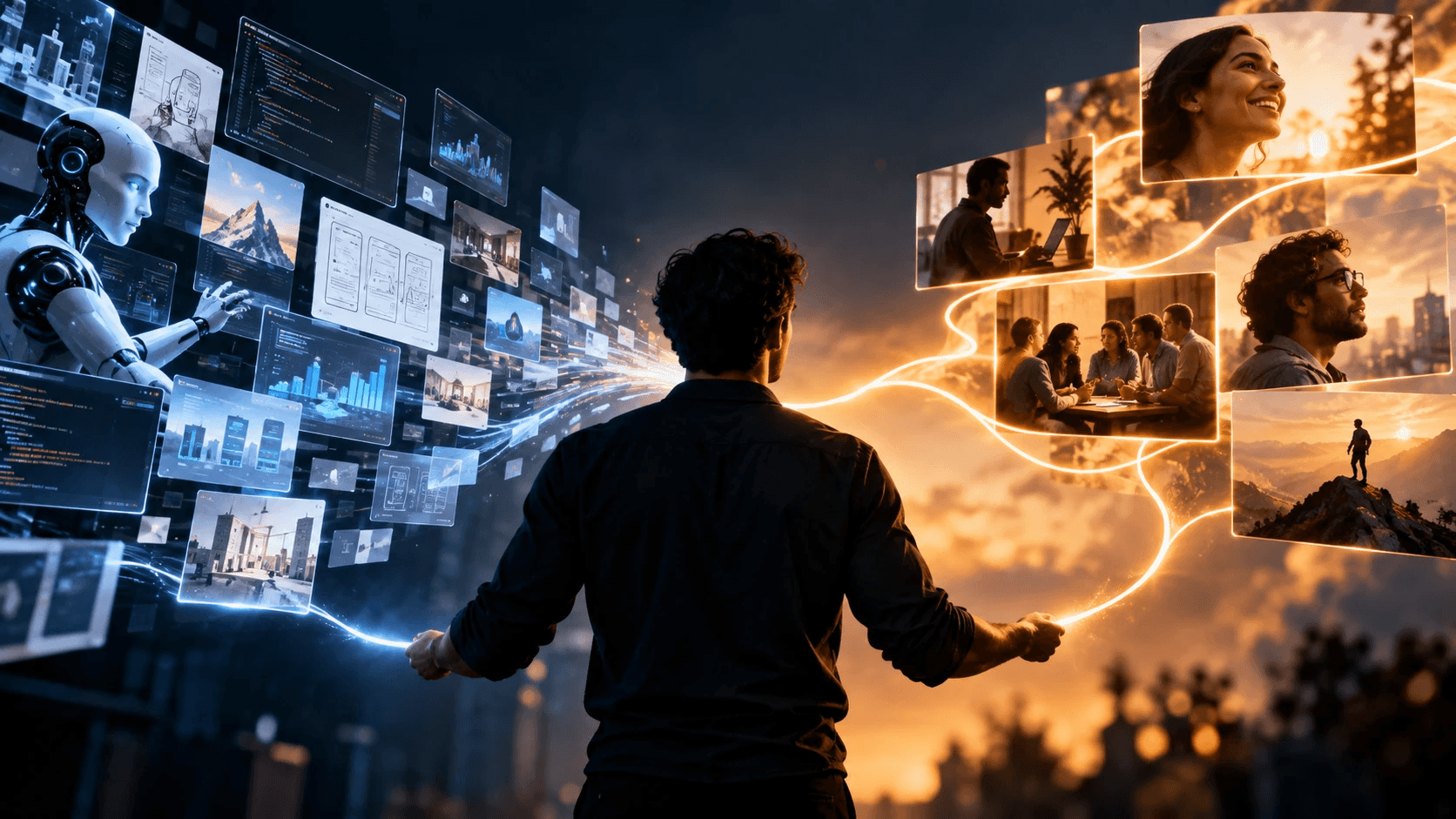 A person seen from behind with arms outstretched, drawing glowing threads between a cold blue wall of AI-generated code, charts, and designs on one side and warm golden scenes of people collaborating and smiling on the other.